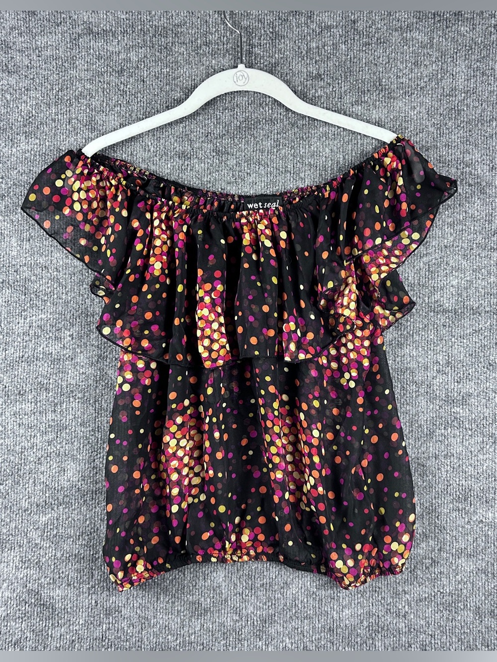 Wet Seal Black Multicolor Polka Dot Off Shoulder Chiffon Bubble Top Size L